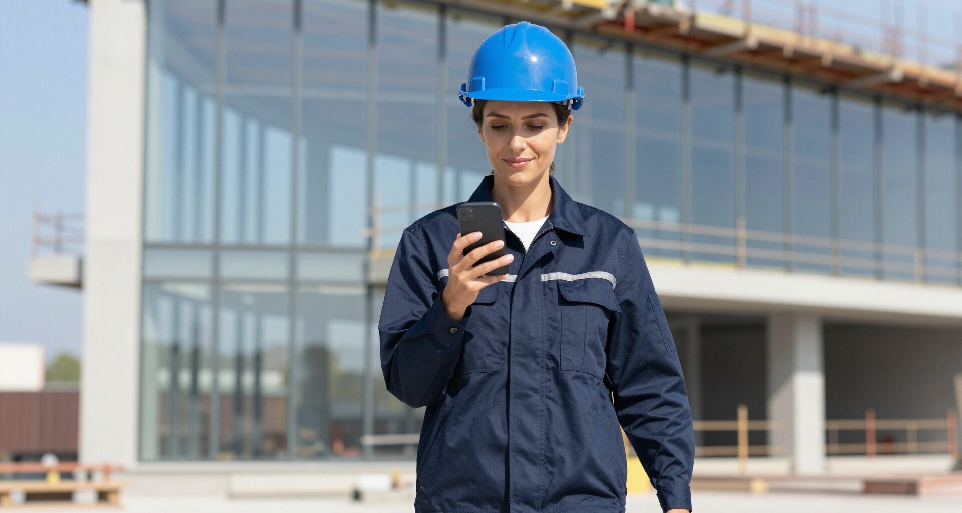 Site manager in a blue hard hat and navy work jacket looking at her smartphone while walking across a construction site